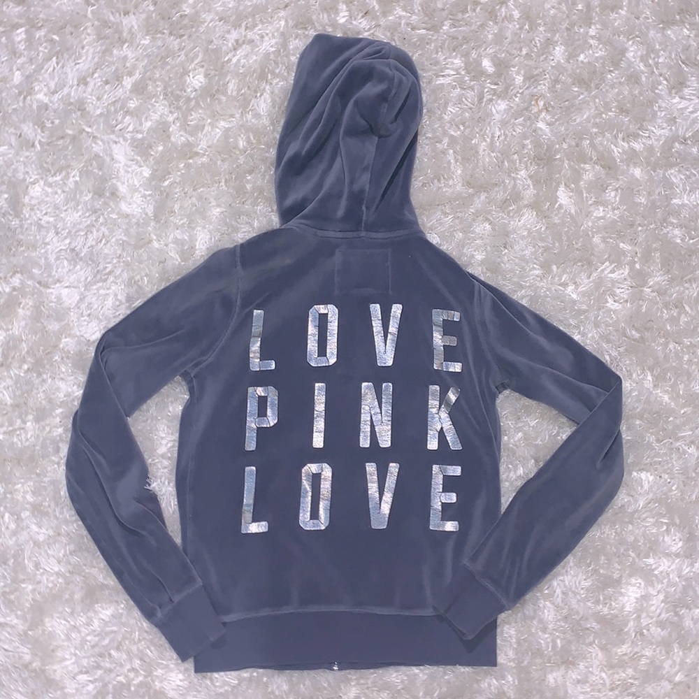 Rare Victoria’s Secret PINK Velvet Charcoal gray full zip hoodie with bling